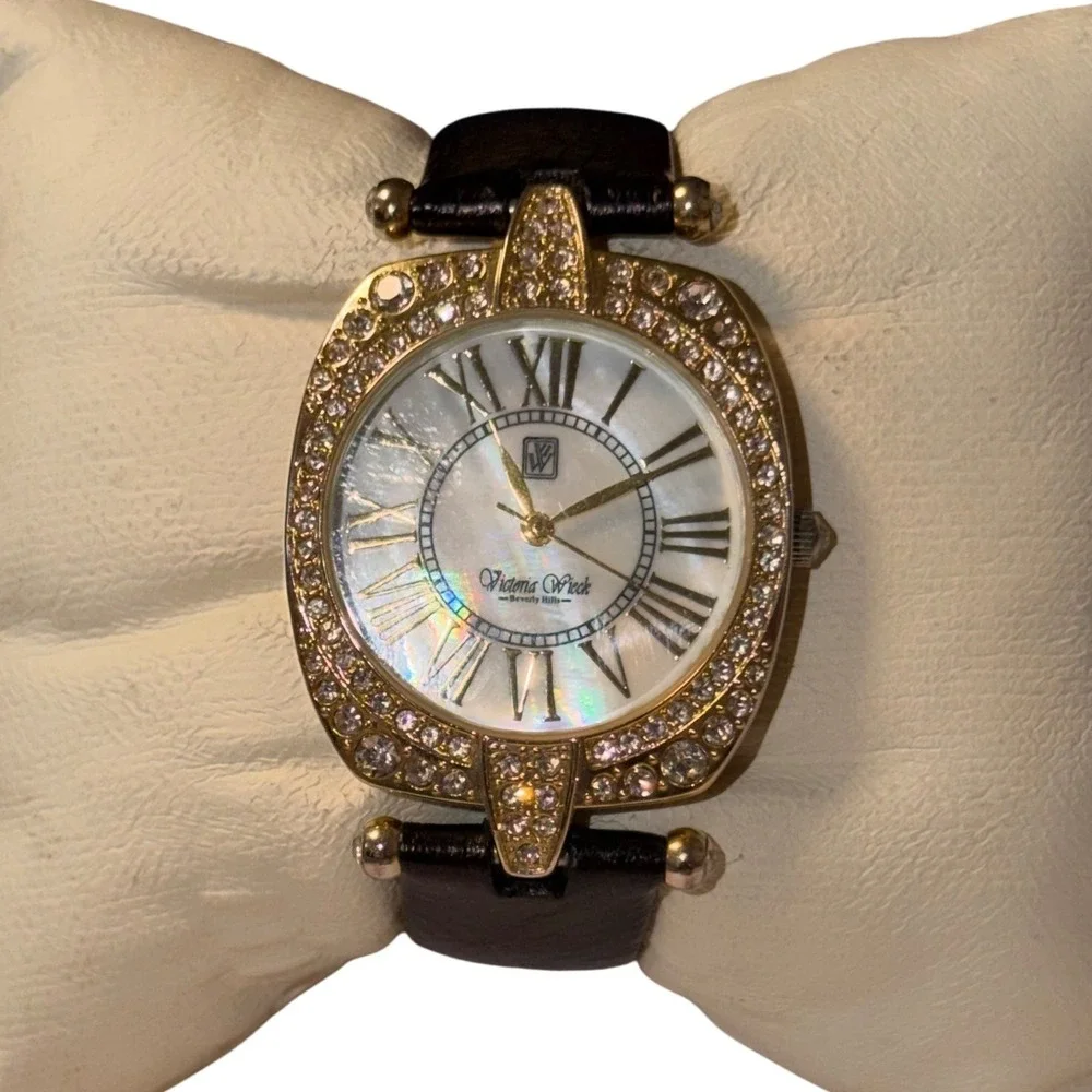 Victoria Wieck Beverly Hills Gold Tone Mother of Pearl Crystal Watch B9275 Black